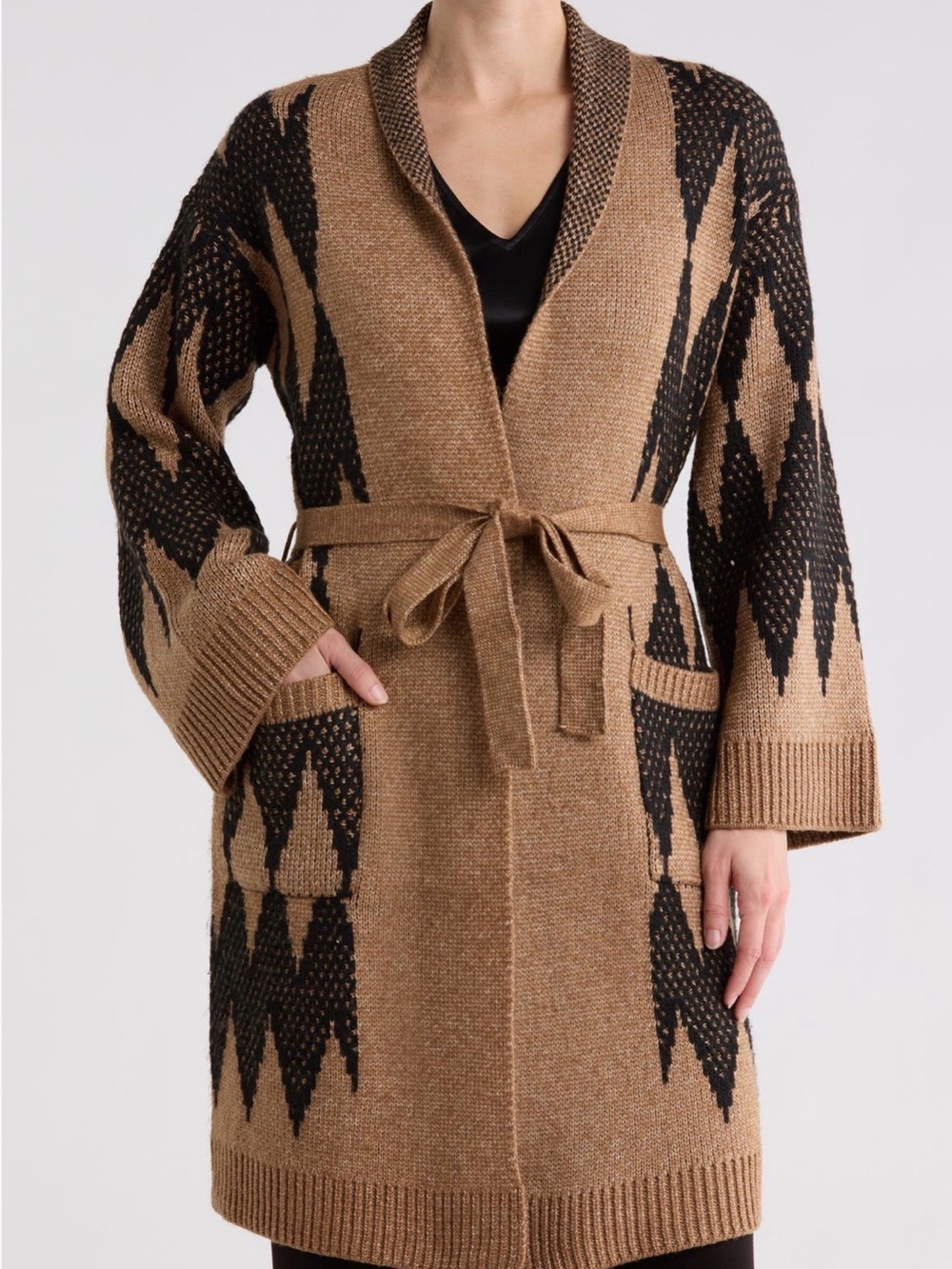 Tahari Brown and Black Geometric Belted Knit Cardigan New
